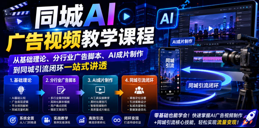 同城AI广告视频教学课程，从基础理论、分行业广告脚本、AI成片制作到同城引流闭环一站式讲透-凡人轻创