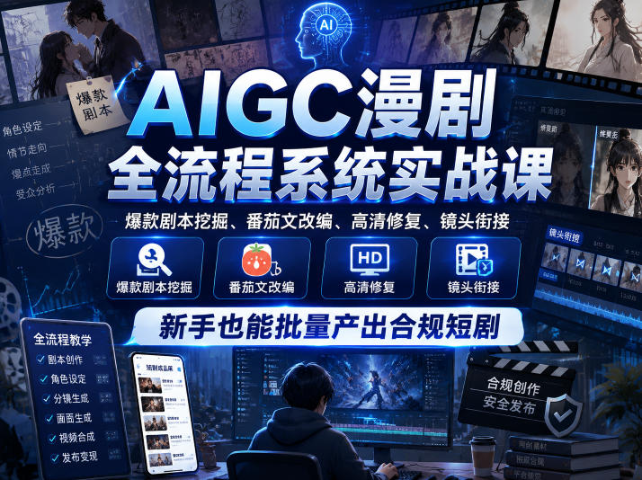 AIGC漫剧全流程系统实战课，爆款剧本挖掘、番茄文改编、高清修复、镜头衔接，新手也能批量产出合规短剧-凡人轻创