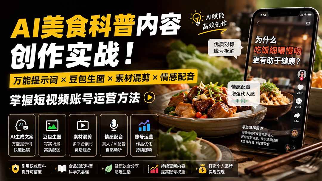 （19730期）外面卖199元-AI美食科普内容创作实战！万能提示词×豆包生图×素材混剪×情感配音，掌握短视频账号运营方法-凡人轻创