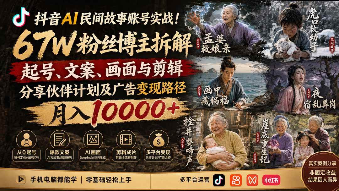 （19738期）抖音AI民间故事账号实战！67W粉丝博主拆解起号、文案、画面与剪辑，分享伙伴计划及广告变现路径，月入10000+