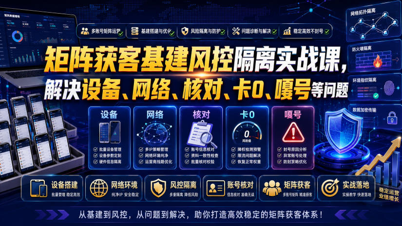 矩阵获客基建风控隔离实战课,解决设备、网络、核对、卡0、嘎号等问题-凡人轻创