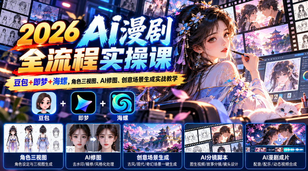 【无水印】2026 AI漫剧全流程实操课|豆包+即梦+海螺,角色三视图、AI修图、创意场景生成实战教学-凡人轻创