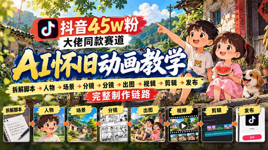 抖音45W粉大佬同款赛道AI怀旧动画实战课:拆解脚本→人物→场景→分镜→出图→视频→剪辑→发布完整制作链路 抖音45W粉大佬同款赛道AI怀旧动画实战课:拆解脚本→人物→场景→分镜→出图→视频→剪辑→发布完整制作链路