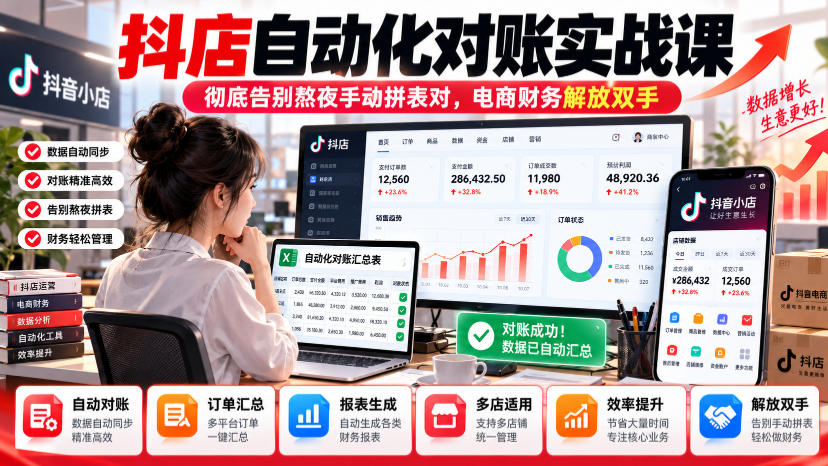 抖店自动化对账实战课,彻底告别熬夜手动拼表对,账电商财务解放双手-凡人轻创