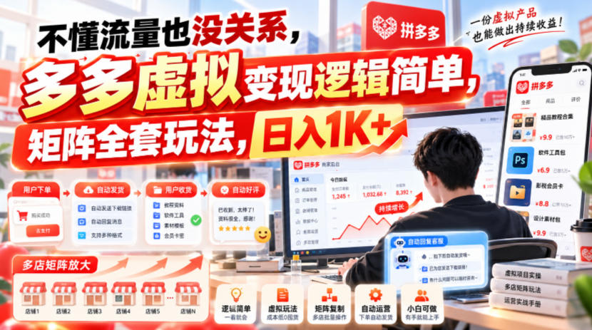 不懂流量也没关系，多多虚拟变现逻辑简单，矩阵全套玩法，日入1K+【揭秘】-凡人轻创