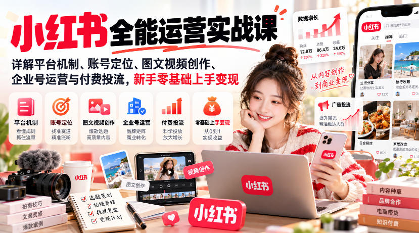 小红书全能运营实战课，详解平台机制、账号定位、图文视频创作、企业号运营与付费投流，新手零基础上手变现-凡人轻创