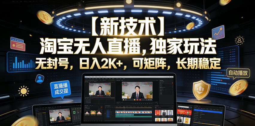 【新技术】淘宝无人直播，独家玩法，无封号，日入2K+，可矩阵，长期稳定【揭秘】-凡人轻创