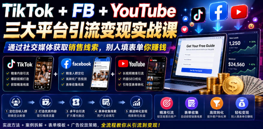 TikTok+FB+YouTube三大平台引流变现实战课，通过社交媒体获取销售线索，别人填表单你賺钱【原创双语字幕】-凡人轻创