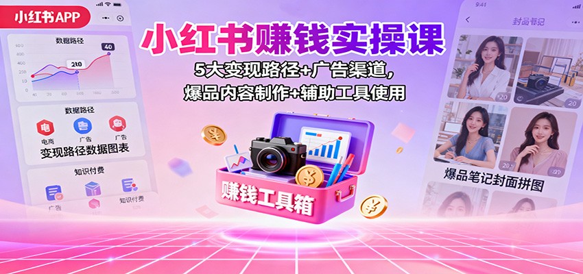 小红书赚钱实操课：5大变现路径+广告渠道，爆品内容制作+辅助工具使用-凡人轻创