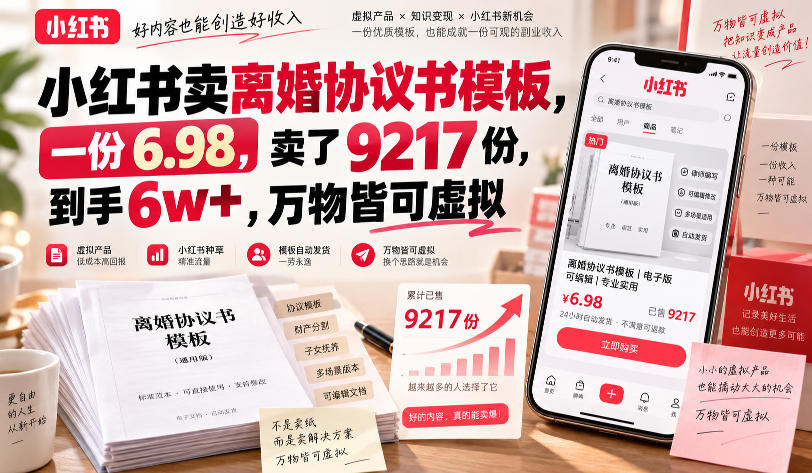 小红书卖离婚协议书模板,一份6.98,卖了9217份,到手6w+,万物皆可虚拟-凡人轻创