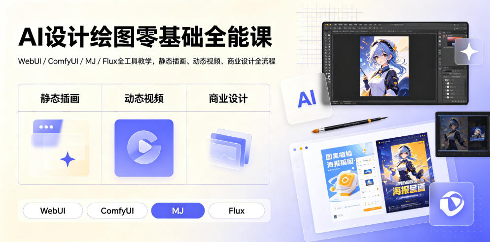 AI设计绘图零基础全能课｜WebUI/ComfyUI/MJ/Flux全工具教学，静态插画、动态视频、商业设计全流程-凡人轻创