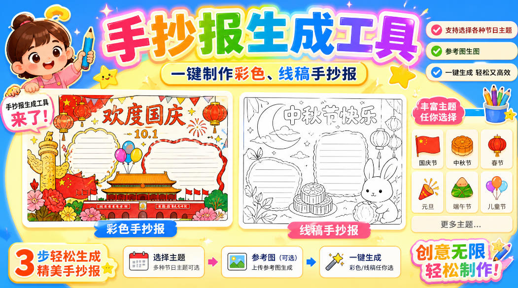 手抄报批量生成工具来了,完全免费,告别豆包生图,高清无水印-凡人轻创