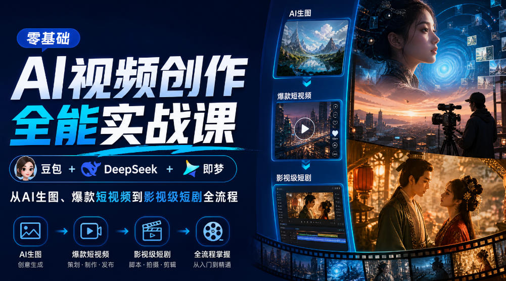 零基础AI视频创作全能实战课|豆包+DeepSeek+即梦,从AI生图、爆款短视频到影视级短剧全流程-凡人轻创