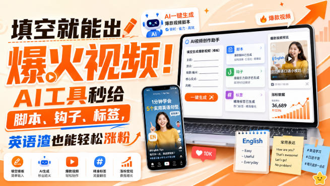 填空就能出爆火视频!AI工具秒给脚本、钩子、标签,英语渣也能轻松涨粉【原创双语字幕】 填空就能出爆火视频!AI工具秒给脚本、钩子、标签,英语渣也能轻松涨粉【原创双语字幕】
