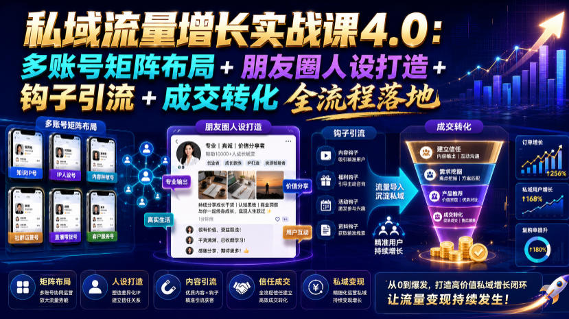 私域流量增长实战课4.0:多账号矩阵布局+朋友圈人设打造+钩子引流+成交转化全流程落地-凡人轻创