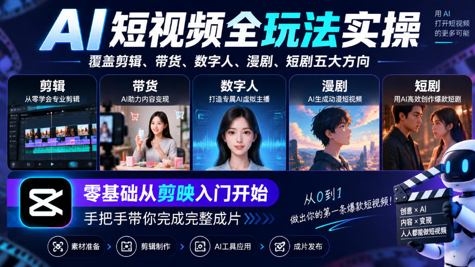 AI短视频全玩法实操,覆盖剪辑、带货、数字人、漫剧、短剧五大方向,零基础从剪映入门开始,手把手带你完成完整成片-凡人轻创