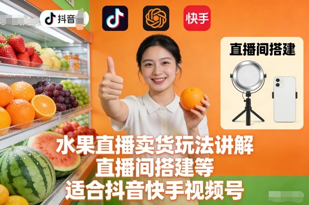 水果直播卖货玩法讲解、直播间搭建等，适合抖音快手视频号-凡人轻创