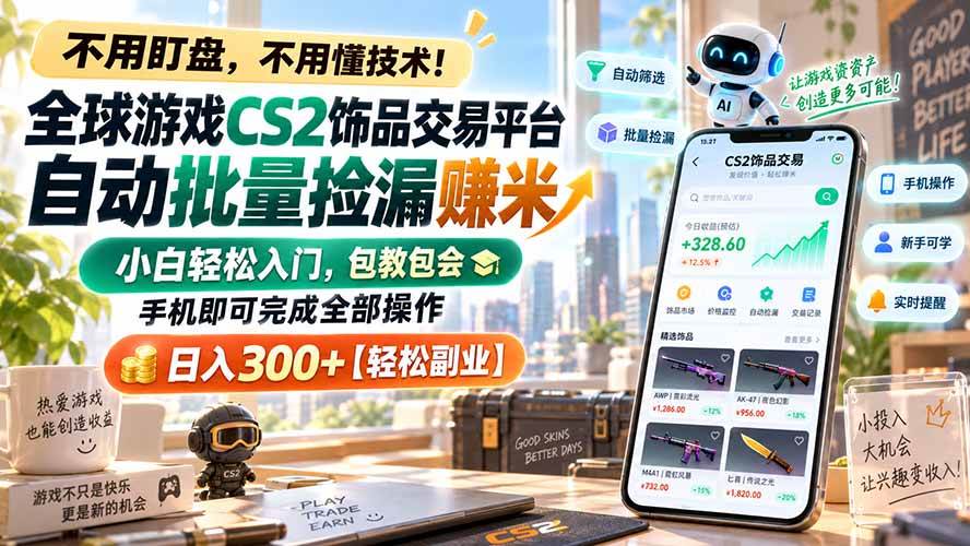 (20454期)全球游戏CS2饰品交易平台自动批量捡漏赚米,小白轻松入门,包教包会,手机即可完成全部操作,日入300+【轻松副业】-凡人轻创