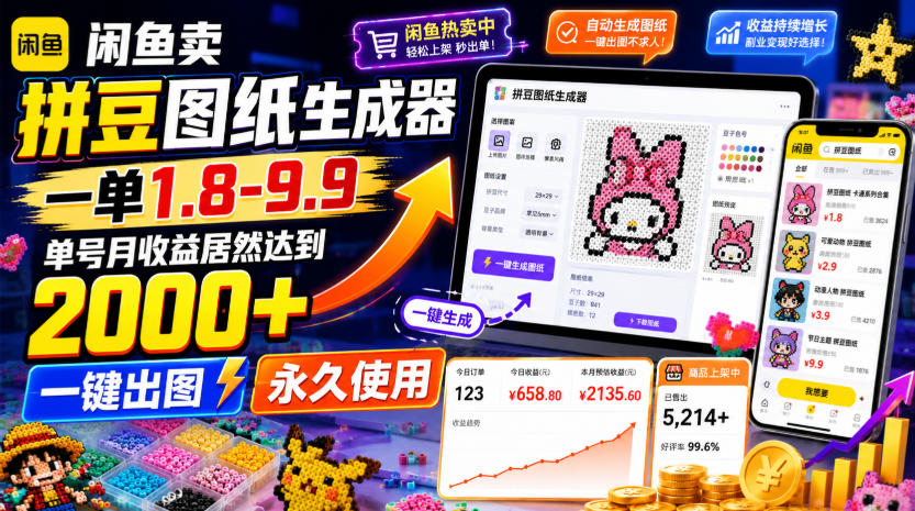 闲鱼卖拼豆图纸生成器，一单1.8-9.9，单号月收益居然达到2000+一键出图永久使用-凡人轻创