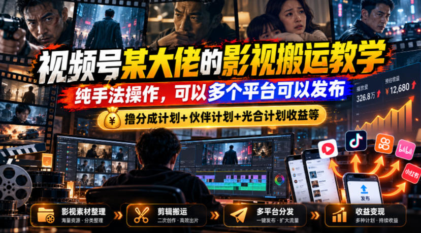 视频号某大佬的影视搬运教学，纯手法操作，可以多个平台可以发布，撸分成计划+伙伴计划+光合计划收益等-凡人轻创