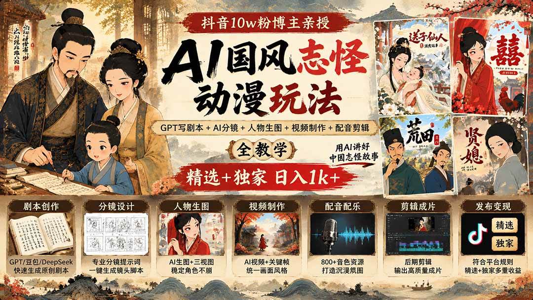 (20538期)抖音10w粉博主亲授AI国风志怪动漫玩法|GPT写剧本+AI分镜+人物生图+视频制作+配音剪辑全教学|精选+独家日入1k+-凡人轻创