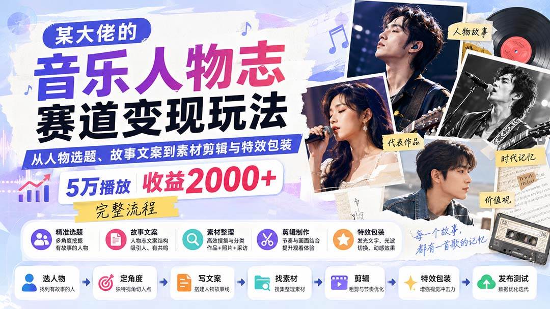 (20121期)某大佬的音乐人物志赛道变现玩法:从人物选题、故事文案到素材剪辑与特效包装,5万播放收益2000+完整流程-凡人轻创