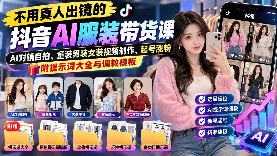 (20960期)不用真人出镜的抖音AI服装带货课:AI对镜自拍、童装男装女装视频制作、起号涨粉,附提示词大全与调教模板-凡人轻创