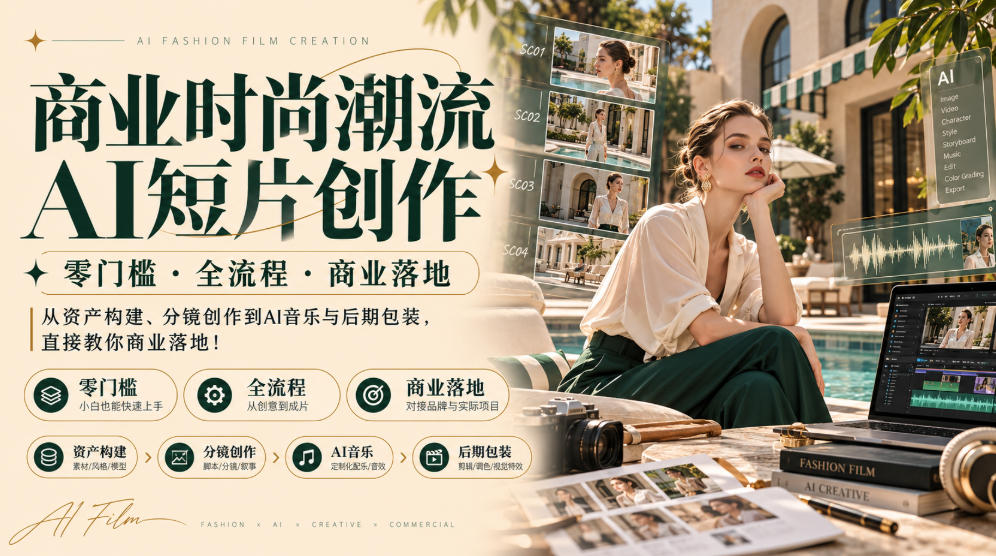 商业时尚潮流AI短片创作｜零门槛・全流程・商业落地，从资产构建、分镜创作到AI音乐与后期包装，直接教你商业落地！-凡人轻创