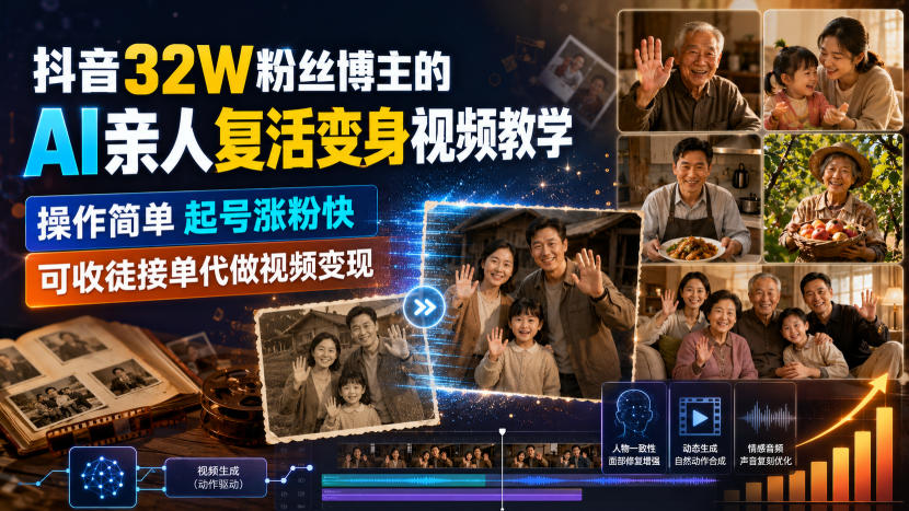 抖音32W粉丝博主的AI亲人复活变身视频教学，操作简单，起号涨粉快，可收徒接单代做视频变现-凡人轻创