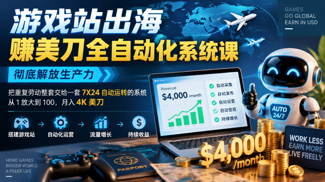 游戏站出海賺美刀全自动化系统课,彻底解放生产力–把重复劳动整套交给一套7X24自动运转的系统,从1放大到100,月入4K美刀-凡人轻创