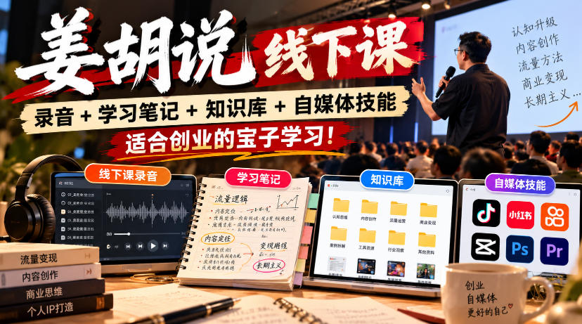 姜胡说线下课录音+学习笔记+知识库+自媒体技能,适合创业的宝子学习!-凡人轻创