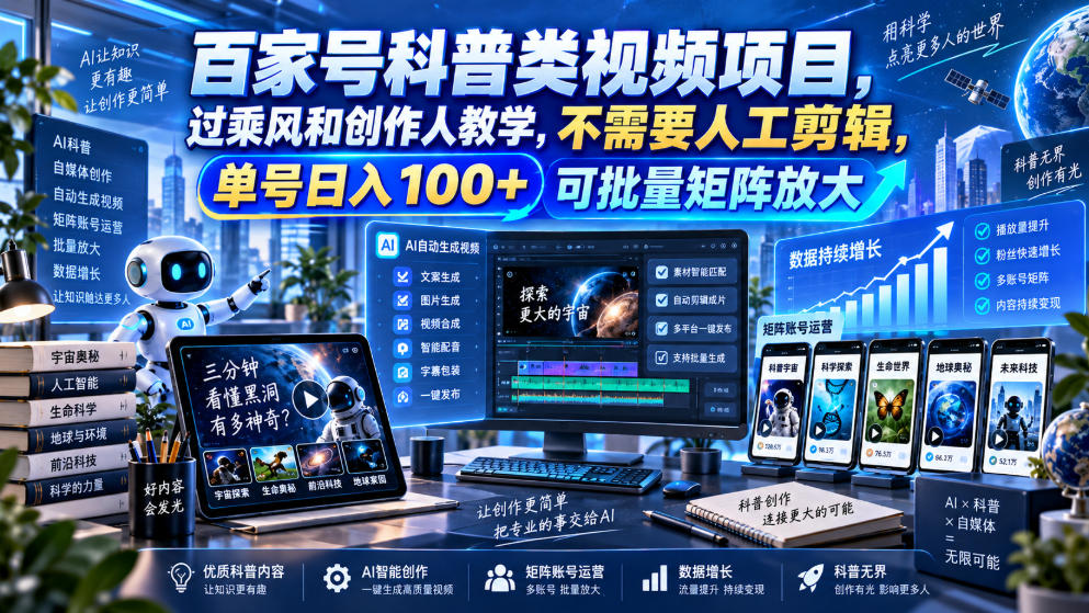 百家号科普类视频项目,过乘风和创作人教学,不需要人工剪辑,单号日入100+可批量矩阵放大-凡人轻创