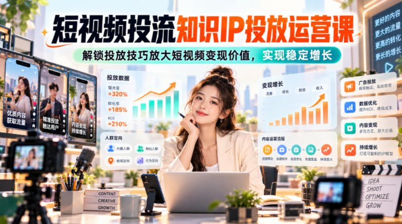 短视频投流知识IP投放运营课,解锁投放技巧放大短视频变现价值,实现稳定增长-凡人轻创
