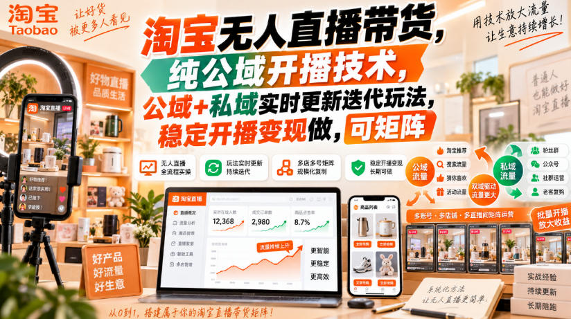 淘宝无人直播带货,纯公域开播技术,公域+私域实时更新迭代玩法,稳定开播变现做,可矩阵【揭秘】-凡人轻创