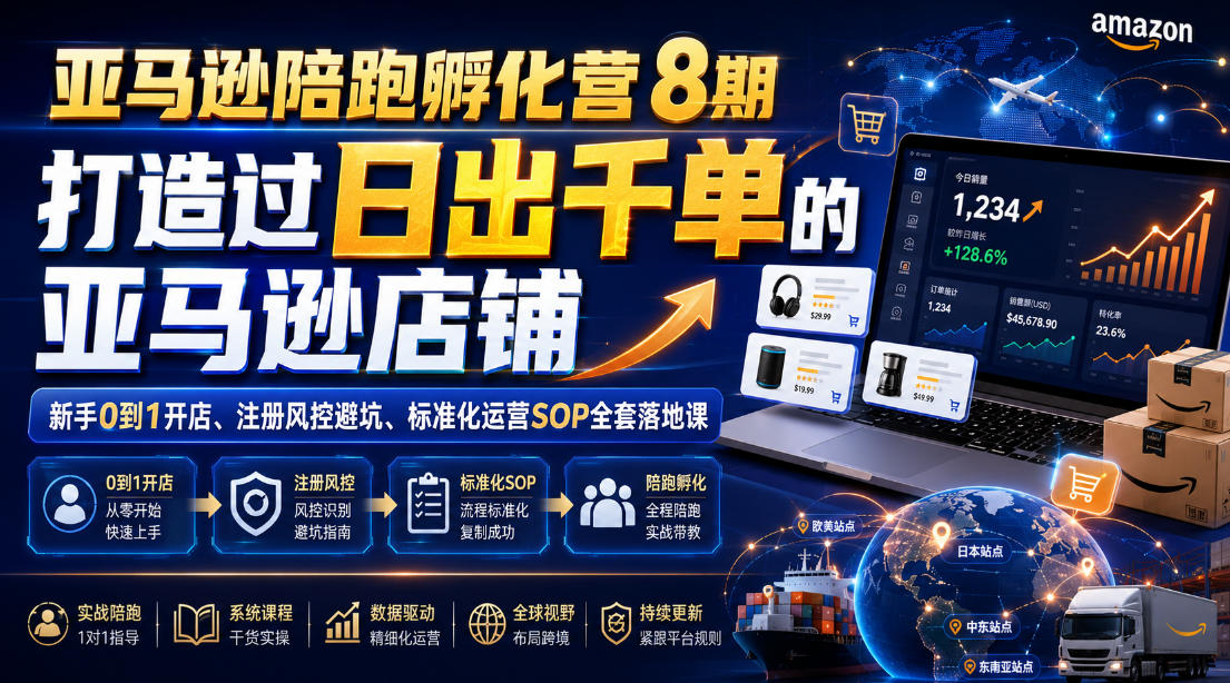亚马逊陪跑孵化营8期，打造过日出千单的亚马逊店铺，新手0到1开店、注册风控避坑、标准化运营SOP全套落地课-凡人轻创