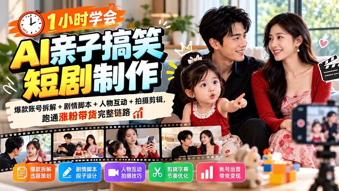 (20807期)1小时学会AI亲子搞笑短剧制作:爆款账号拆解+剧情脚本+人物互动+拍摄剪辑,跑通涨粉带货完整链路-凡人轻创
