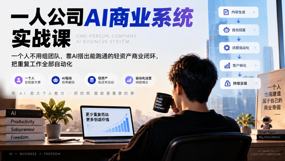 一人公司AI商业系统实战课,一个人不用组团队,靠AI搭出能跑通的轻资产商业闭环,把重复工作全部自动化-凡人轻创