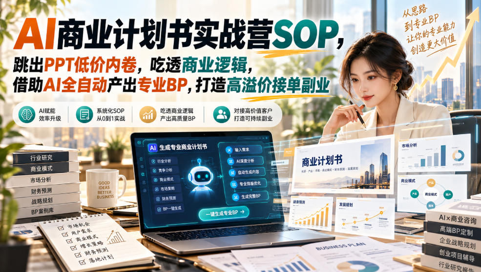 AI商业计划书实战营SOP,跳出PPT低价内卷,吃透商业逻辑,借助AI全自动产出专业BP,打造高溢价接单副业-凡人轻创