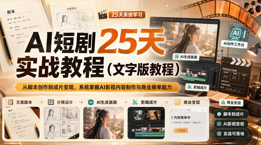 AI短剧25天实战教程（文字版教程），从脚本创作到成片变现，系统掌握AI影视内容制作与商业接单能力-凡人轻创