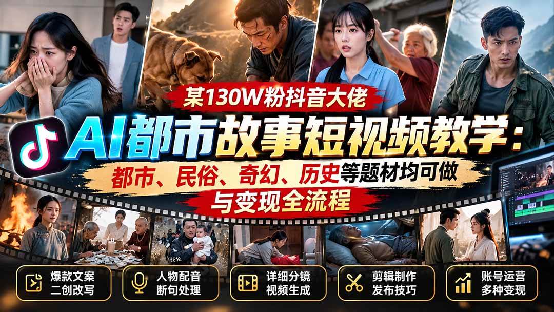 (20692期)某130W粉抖音大佬AI都市故事短视频教学:都市、民俗、奇幻、历史等题材均可做与变现全流程-凡人轻创