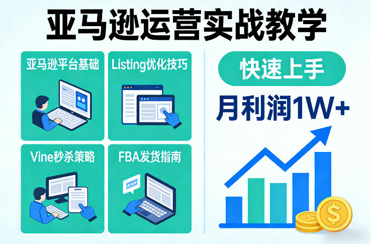 亚马逊运营实战教学,亚马逊平台+Listing优化+Vine秒杀+FBA发货等,快速上手,实现店铺月利润1W-凡人轻创