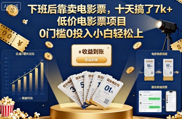 下班后靠卖电影票，十天搞了7k+，低价电影票项目，0门槛0投入小白轻松上手【揭秘】-凡人轻创