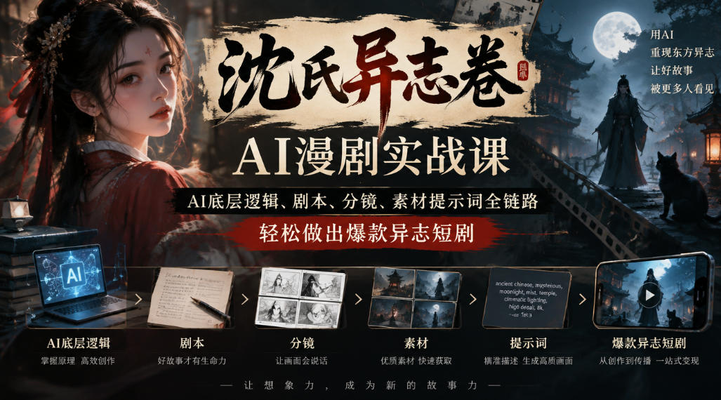 沈氏异志卷AI漫剧实战课｜AI底层逻辑、剧本、分镜、素材提示词全链路，轻松做出爆款异志短剧-凡人轻创