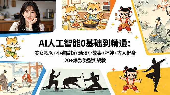（18685期）AI人工智能0基础到精通：美女视频+小猫做饭+动漫小故事+福娃+古人健身，20+爆款类型实战教学
