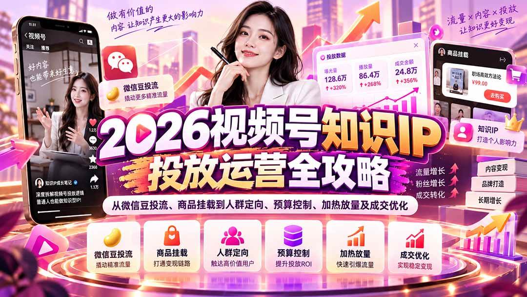 (20860期)2026视频号知识IP投放运营全攻略:从微信豆投流、商品挂载到人群定向、预算控制、加热放量及成交优化-凡人轻创