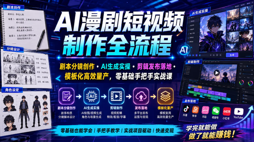 AI漫剧短视频制作全流程|剧本分镜创作・AI生成实操・剪辑发布落地・模板化高效量产,零基础手把手实战课-凡人轻创