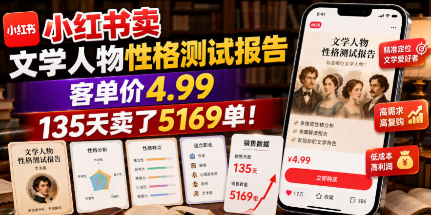 小红书卖文学人物性格测试报告，客单价4.99，135天卖了5169单！-凡人轻创