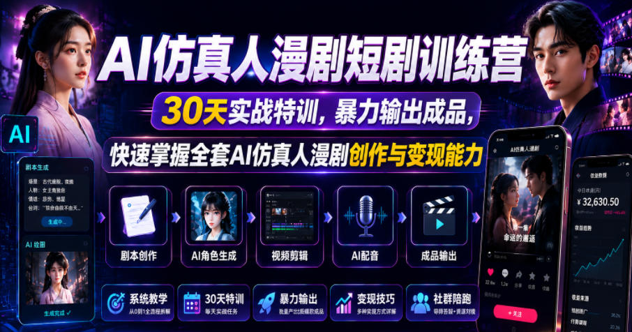 AI仿真人漫剧短剧训练营,30天实战特训,暴力输出成品,快速掌握全套AI仿真人漫剧创作与变现能力-凡人轻创