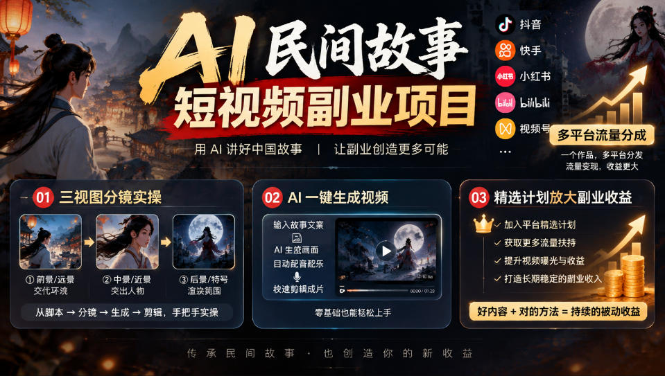 AI民间故事短视频副业项目,多平台流量分成,三视图分镜实操,精选计划放大副业收益-凡人轻创