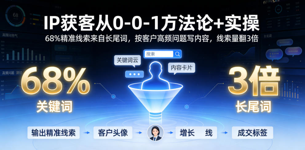 IP获客从0-1方法论+实操,68%精准线索来自长尾词,按客户高频问题写内容,线索量翻3倍-凡人轻创